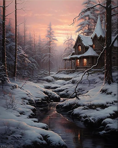 XTXGERL Paint by Numbers Cabin in Winter Snow Scene DIY Painting on Canvas, Paintwork with Paintbrushes Acrylic Paints, Perfect for Paint by Numbers for Adults and Beginner Without Framed 16''x20''