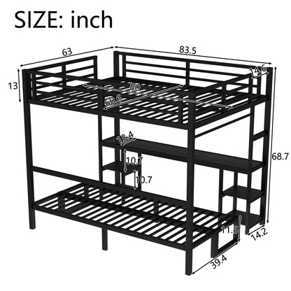 SOFTSEA Queen Over Twin XL Metal Bunk Bed with Desk and Shelves, Metal Bed Frame with LED and USB, Multiple Uses Folds into Sofa, No Box Spring Needed, Black