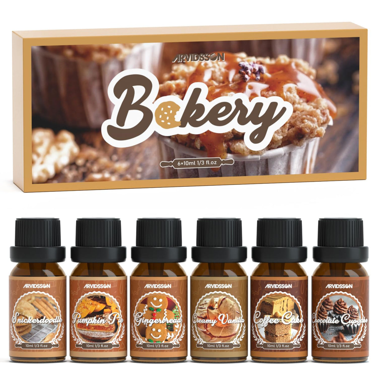 Bakery Fragrance Oils Set, ARVIDSSON Bakery Dessert Essential Oils for Candle Making, Pumpkin Pie, Snickerdoodle, Gingerbread, Creamy Vanilla and More, Cozy Fall Essential Oils for Diffuser ARVIDSSON