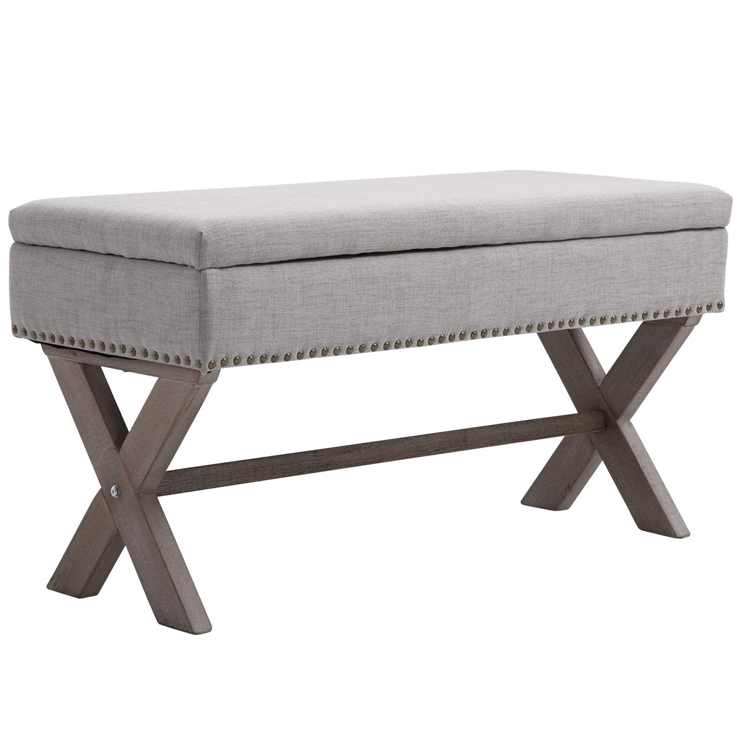 HOMCOM 35.75" Storage Ottoman, Upholstered Storage Bench with Hidden Space, Nailhead Trim and X-Shaped Wood Legs, for Living Room, Entryway, Bedroom, Grey - WoodArtSupply