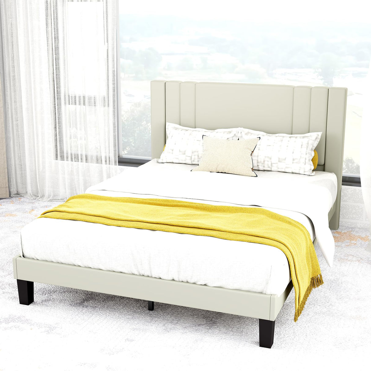 Queen Size Bed Frame, Velvet Upholstered Platform with Headboard, Beige(Beige, Queen (U.S. Standard)) Tyndall