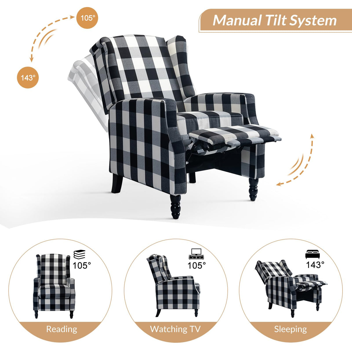 HULALA HOME Wingback Recliner Chairs Set of 2, Traditional Push Back Recliners with Solid Wood Legs, Modern Lounge Armchairs for Living Room, Comfy Upholstered Accent Reclining Chairs, Buffalo Black HULALA HOME