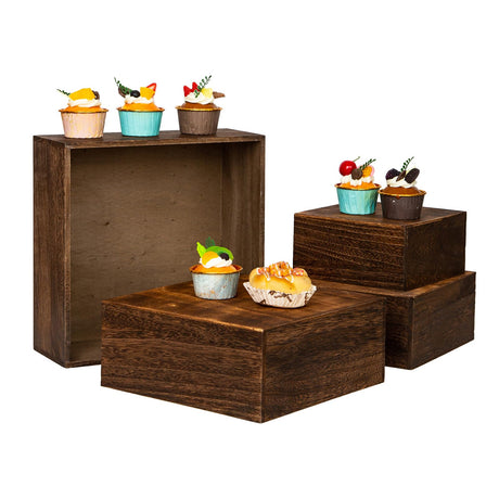 Vintage Brown Square Wooden Cake Stands For Display,Set Of 4 Wood Cupcake Stands Risers, 12 Inches Rustic Wood Crates For Wedding Cake Display,Square Wooden Display Risers For Home Decor . (Vintage Brown) VDEHOM