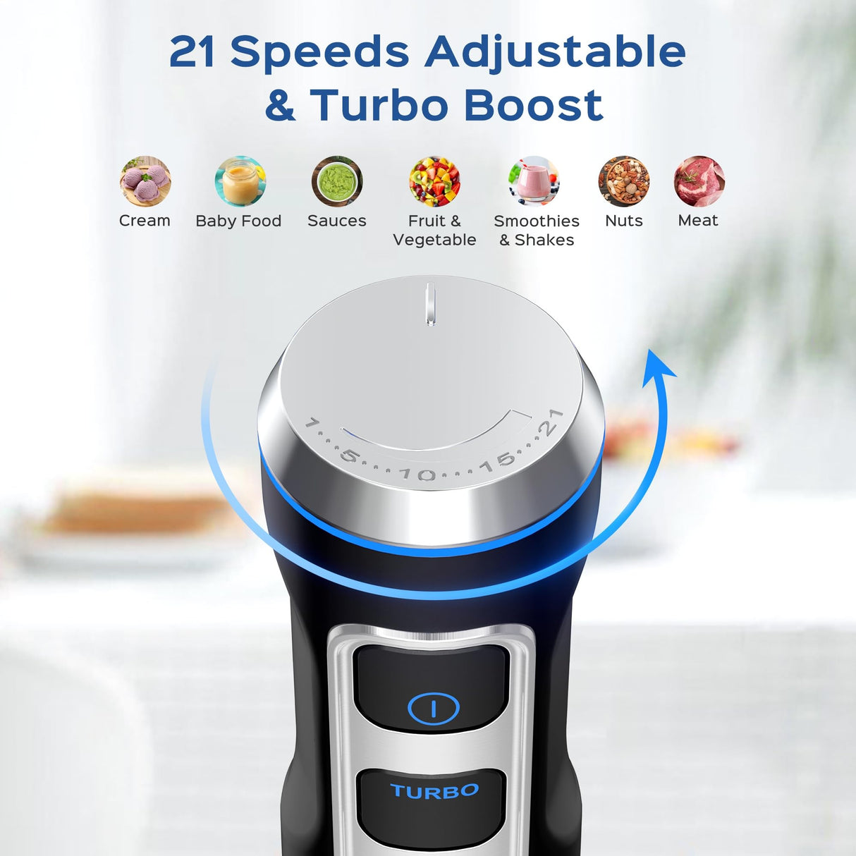 Immersion Blender 5 in 1 Hand Blender, Electric Blender Max 1000W Heavy Duty Motor, 21 Speed & Turbo Mode Handheld Blender, Milk Frother, Egg Whisk, 800ml Beaker, 600ml Chopper Stainless Steel Blades Gogocook