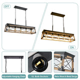 Airposta Farmhouse Rustic Wood Chandelier, 5 Lights Metal Rectangle Dining Room Swag Lighting, Kitchen Island Industrial Linear Cage Pendant Light Fixtures Hanging Lamp Airposta