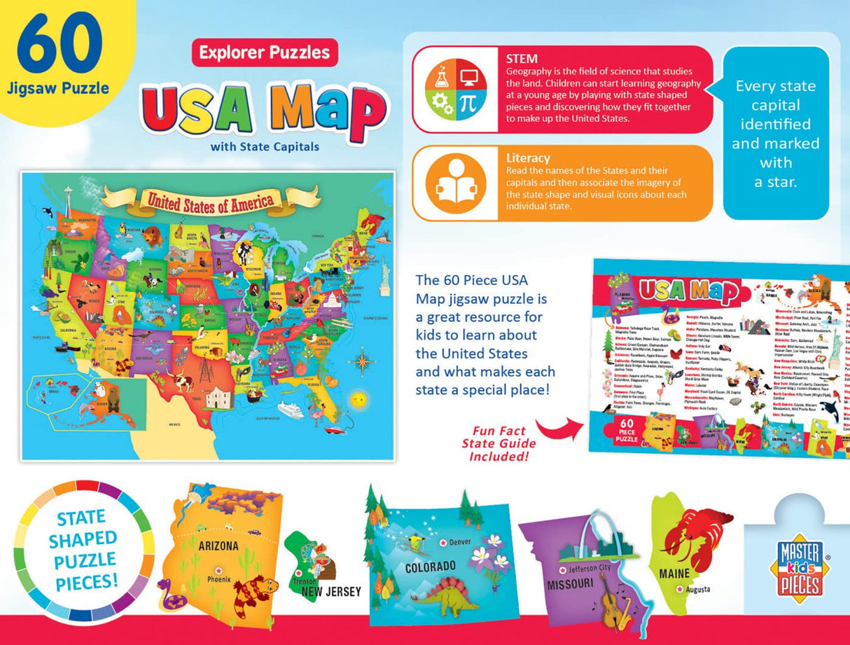 MasterPieces 60 Piece Educational Jigsaw Puzzle for Kids - USA Map State Shaped - 16.5"x12.75" Masterpieces