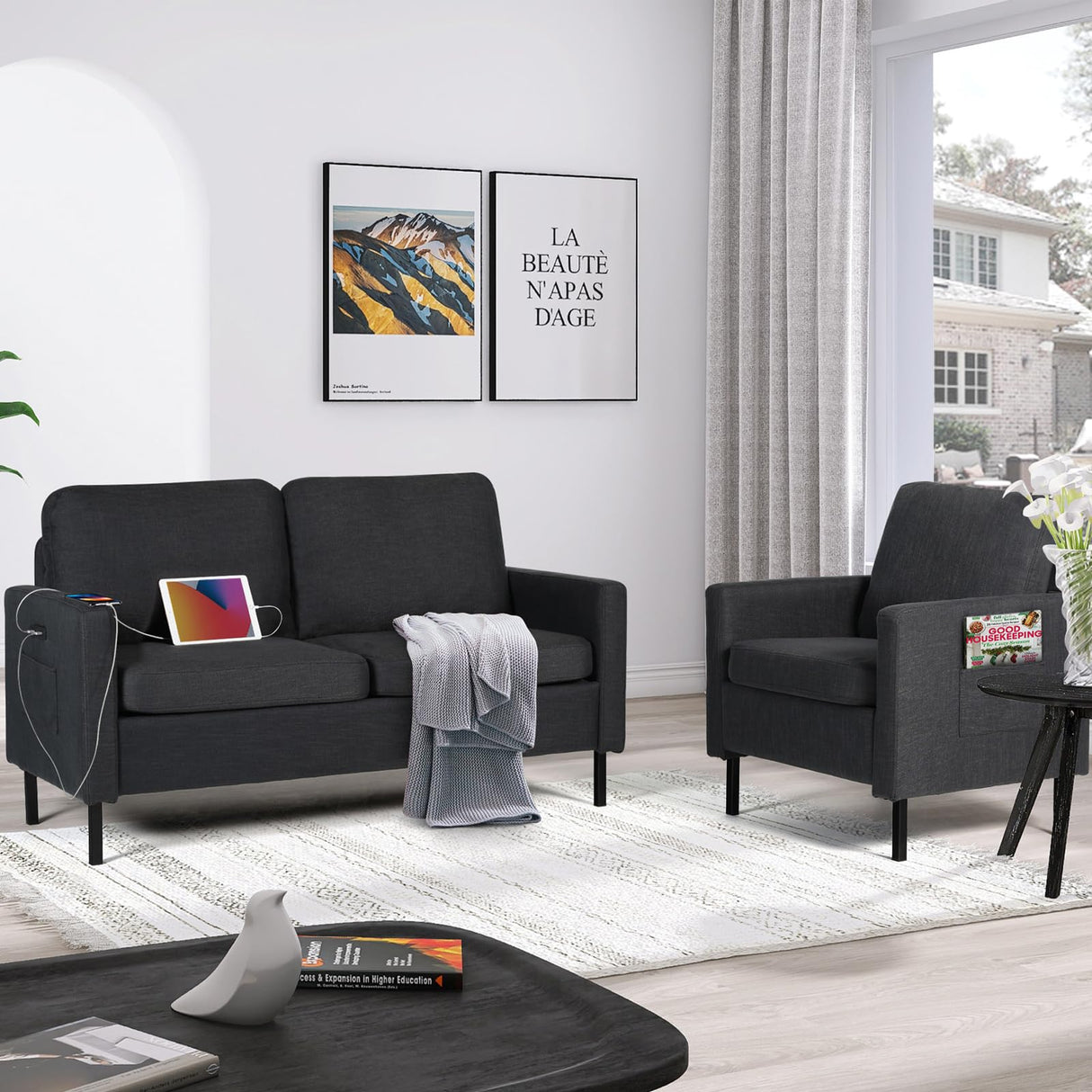 STHOUYN 3 Piece Living Room Furniture Sets, 3 Seat Couch and Loveseat with 2 USB, Single Sofa Accent Chair, Modern Small Couches for Small Spaces, Bedroom, Apartment (Dark Grey) STHOUYN