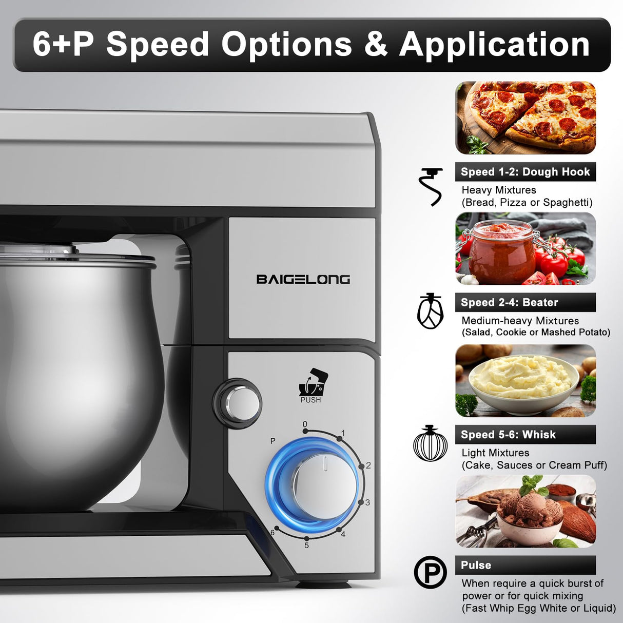 BAIGELONG 6+P Speeds Stand Mixer, 4.2QT Small Food Mixer with Stainless Steel Bowl, Dough Hook, Beater, Whisk & Scraper, Electric Kitchen Mixer Dough Mixer for Baking, Most Home Cooks, Silver BAIGELONG
