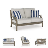 Signature Design by Ashley Rainier Ranch Casual Weather Resistant Outdoor Loveseat with Cushion and 2 Accent Pillows, Light Brown & Light Gray Signature Design by Ashley