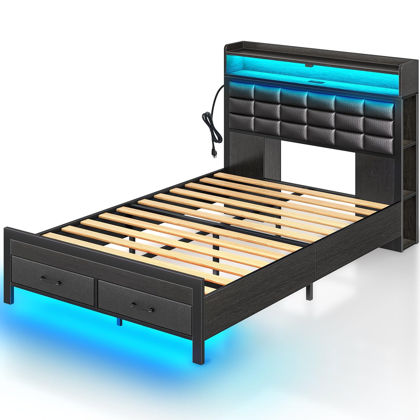 Rolanstar Bed Frame Twin Size with Storage Headboard and 2 Drawers, Upholstered Platform Bed with Charging Station and LED Light, Heavy Duty Frame Support, No Box Spring Needed, Noise Free, Black