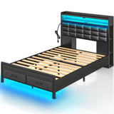 Rolanstar Bed Frame Twin Size with Storage Headboard and 2 Drawers, Upholstered Platform Bed with Charging Station and LED Light, Heavy Duty Frame Support, No Box Spring Needed, Noise Free, Black Rolanstar