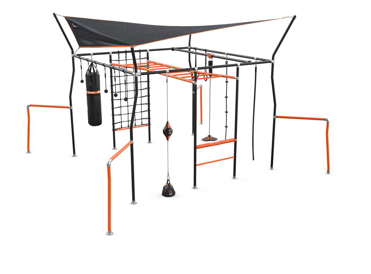 Vuly Ninja Quest Monkey Bars Extra Large Playset & Jungle Gym with Shade Cover, Cargo Net, Ninja Grips, Gym Rope, Jungle Rope, Flying Fox, Roman Rings, Boxing Bag & Punching Ball Vuly