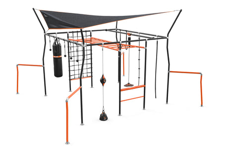 Vuly Ninja Quest Monkey Bars Extra Large Playset & Jungle Gym with Shade Cover, Cargo Net, Ninja Grips, Gym Rope, Jungle Rope, Flying Fox, Roman Rings, Boxing Bag & Punching Ball Vuly