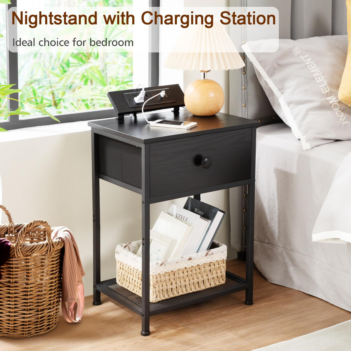 AMHANCIBLE Night Stand, Black Nightstand Set of 2, Small End Tables Living Room with Charging Station, Slim Bed Side Table with Fabric Storage Drawer for Bedroom, Small Space, HET03SDPBK AMHANCIBLE