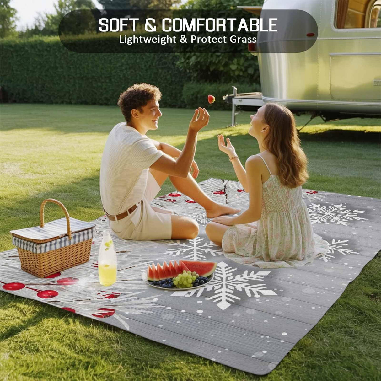 Winter Snowflake Outdoor Rug 5x8ft Christmas White Pine Branch Gray Wood Grain Waterproof Patio Rugs Lightweight Foldable Outside Large Area Rug Carpet for Porch Deck Balcony Backyard Camper Lkicikik