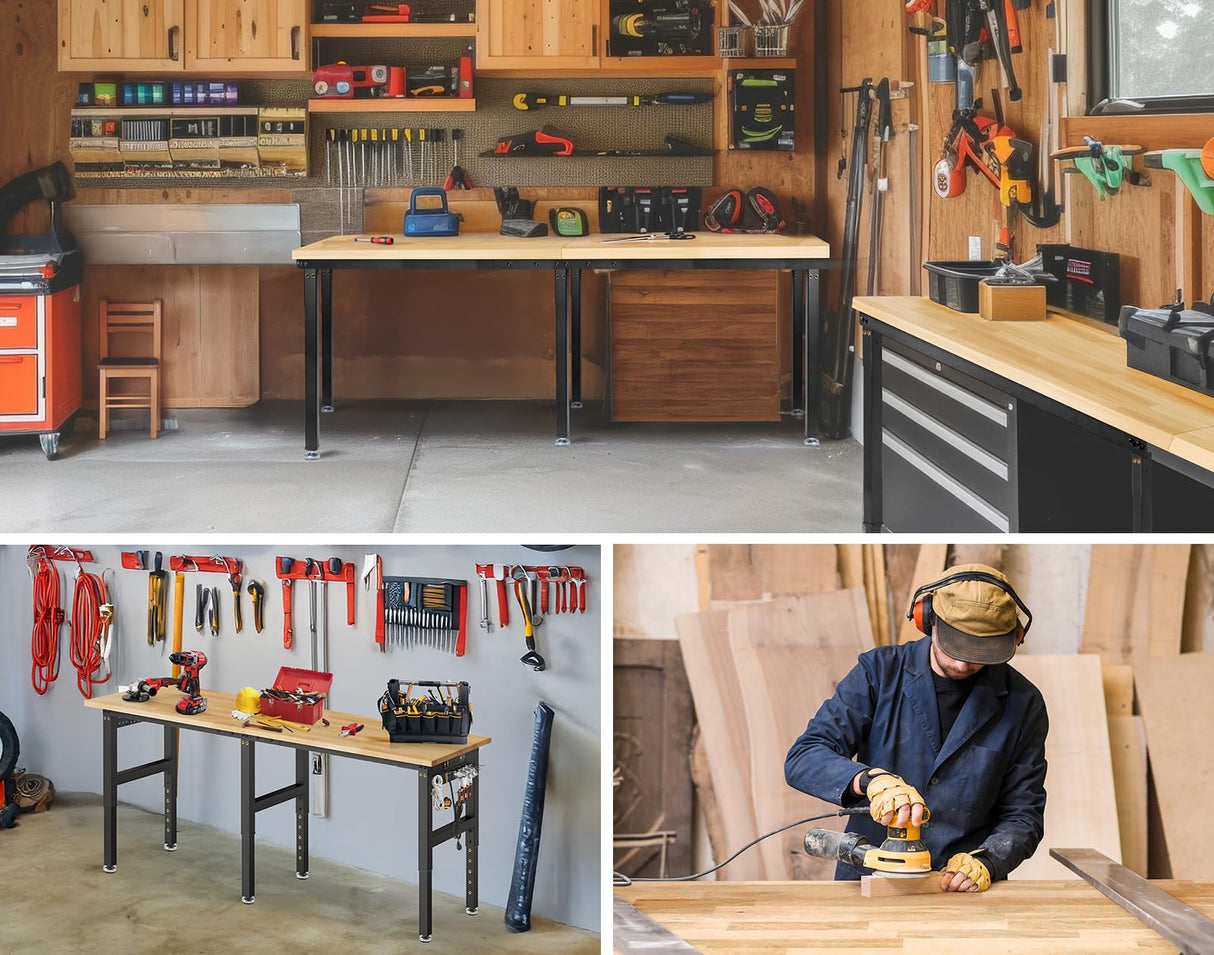 MUWOOD 84” Adjustable Height Workbench, 5000 LBS Heavy Duty Table Rubber Wood Workstation with Power Outlet & Pegboard for Garage, Office, Workshop, Home,Commercial MUWOOD