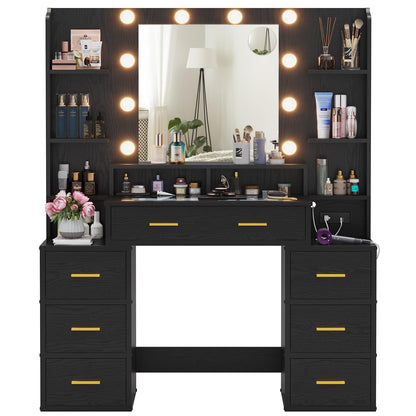 BTHFST Vanity Desk with Lights, Mirror, Charging Station - Black Wood Grain - WoodArtSupply