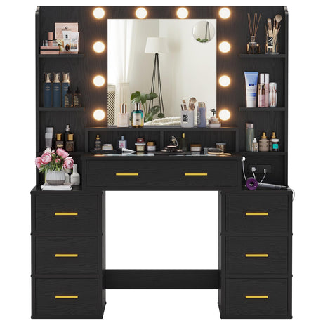 BTHFST Vanity Desk with Lights, Mirror, Charging Station - Black Wood Grain BTHFST