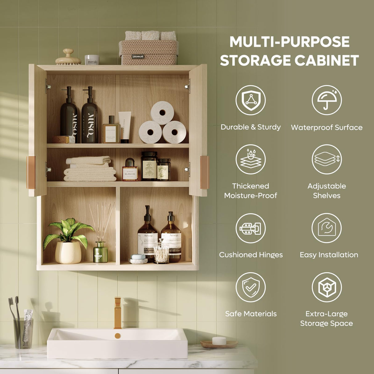 Bestier Fluted Bathroom Wall Cabinet Over The Toilet Storage, 23"x 29" Medicine Cabinet with Adjustable Shelf, Laundry Cabinet Wall Mounted and Kitchen Storage Cabinet(Natural Oak) Bestier