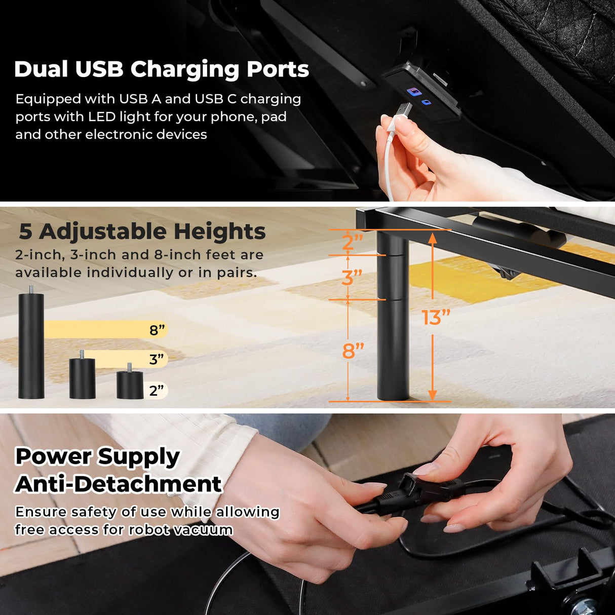 koorlian Adjustable Bed Frame Split King with 5 Height Options, High Thrust Quiet Motors, A&C USB Ports, Independent Head & Foot Incline, 10 Minutes Tool-Free Easy Assembly, Wireless Remote Control koorlian
