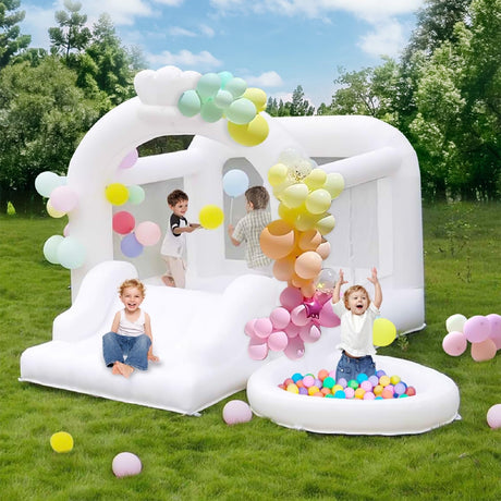 White Bounce House, Inflatable Bounce House with Slide&Ball Pit,11x11FT Inflatable Bounce Castle with Air Blower for Wedding Party Kids Birthday Party, Durable Oxford Cloth… (White Bounce House) Step4Fun