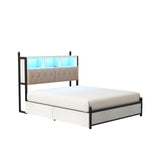 AMERLIFE Queen Bed Frame with Bookcase Headboard and 4 Storage Drawers, Wooden Platform Bed with Charging Station and LED Light, No Box Spring Needed/Noise-Free, White AMERLIFE