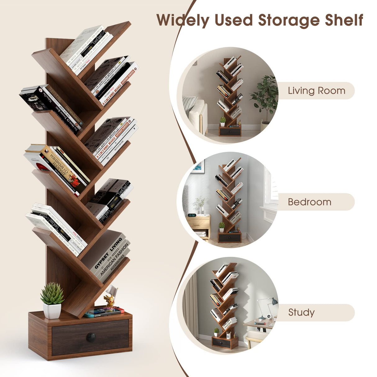 OFFICEJOY 10-Tier Tree Bookshelf, Floor Standing Bookshelf with Drawer, Small Bookcase for CDs, Books, Magazines,Utility Organizer Shelves for Living Room, Study, Bedroom, Office, School, Brown OFFICEJOY