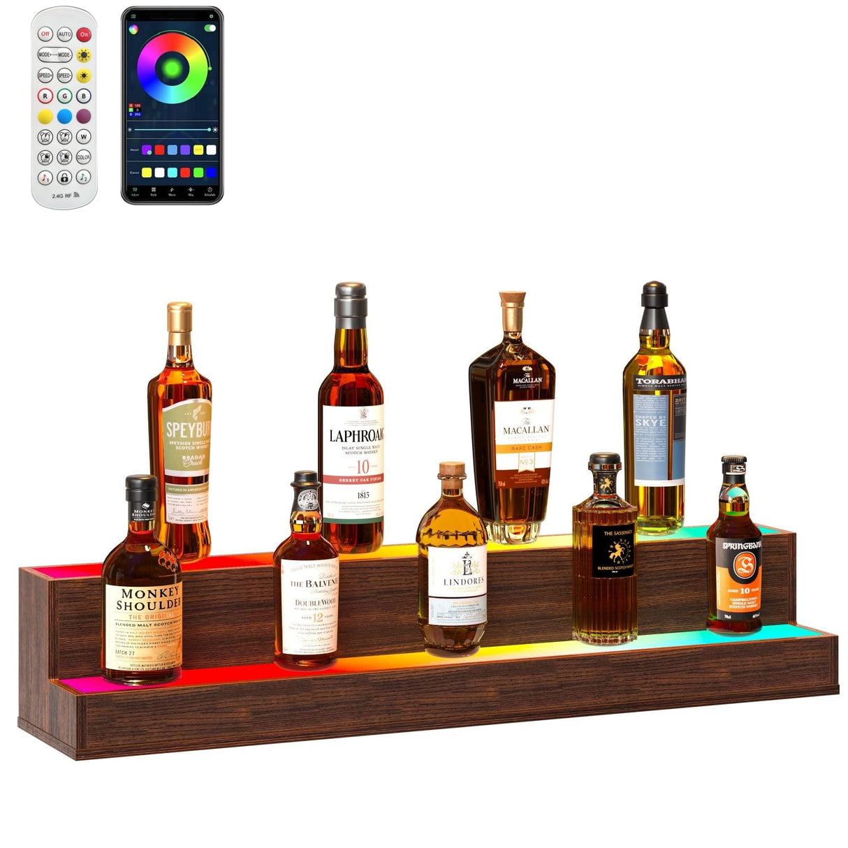 Bingoday LED Liquor Shelf with Acrylic Bottle Display Shelves Wood Rack Wine Retro Bar Cabinets for Home Commercial Bar Party (Walnut, 2 step-38in) Bingoday