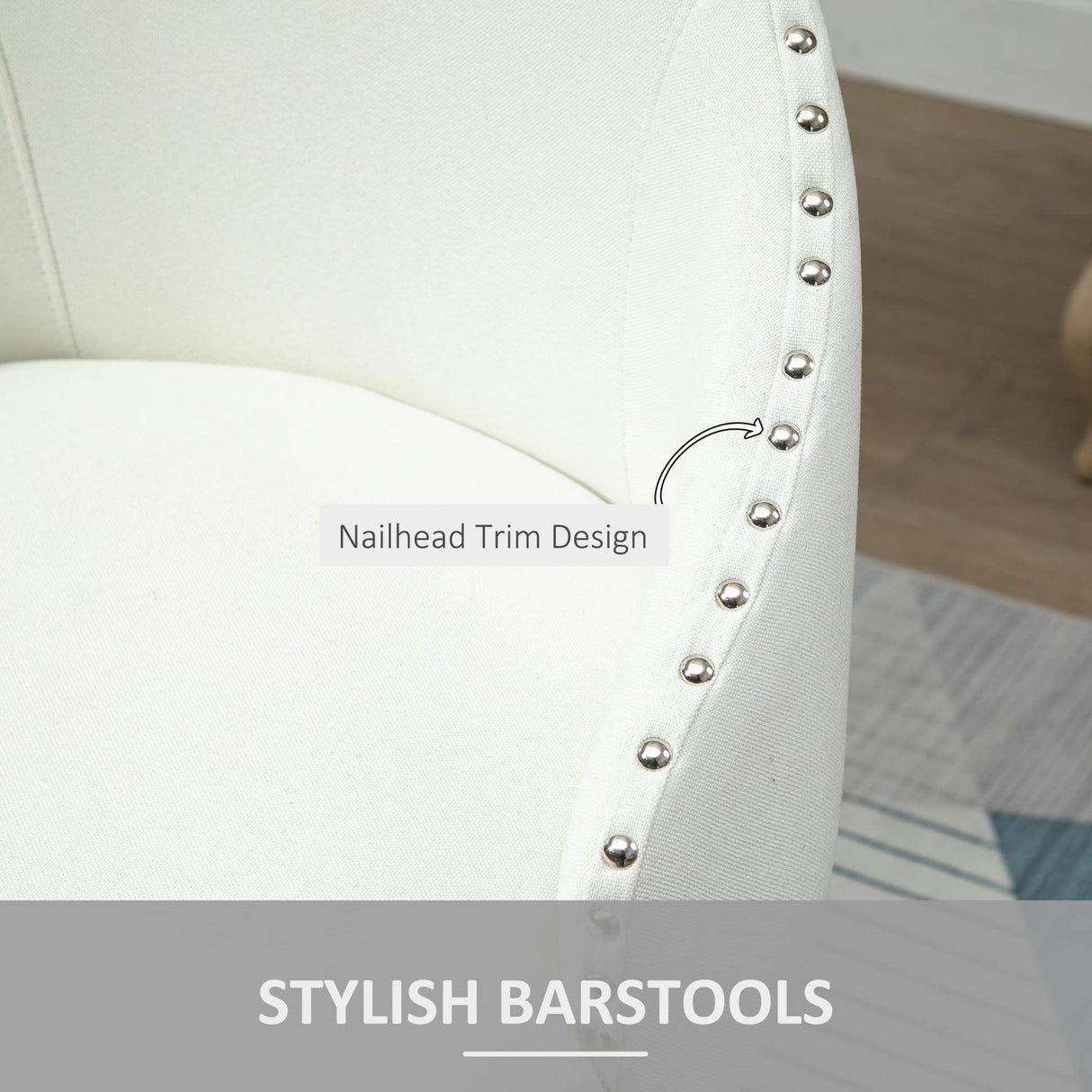 HOMCOM 26" Counter Height Bar Stools, Linen Fabric Kitchen Stools with Nailhead Trim, Rubber Wood Legs and Footrest for Dining Room, Counter, Pub, Set of 2, Cream White HOMCOM