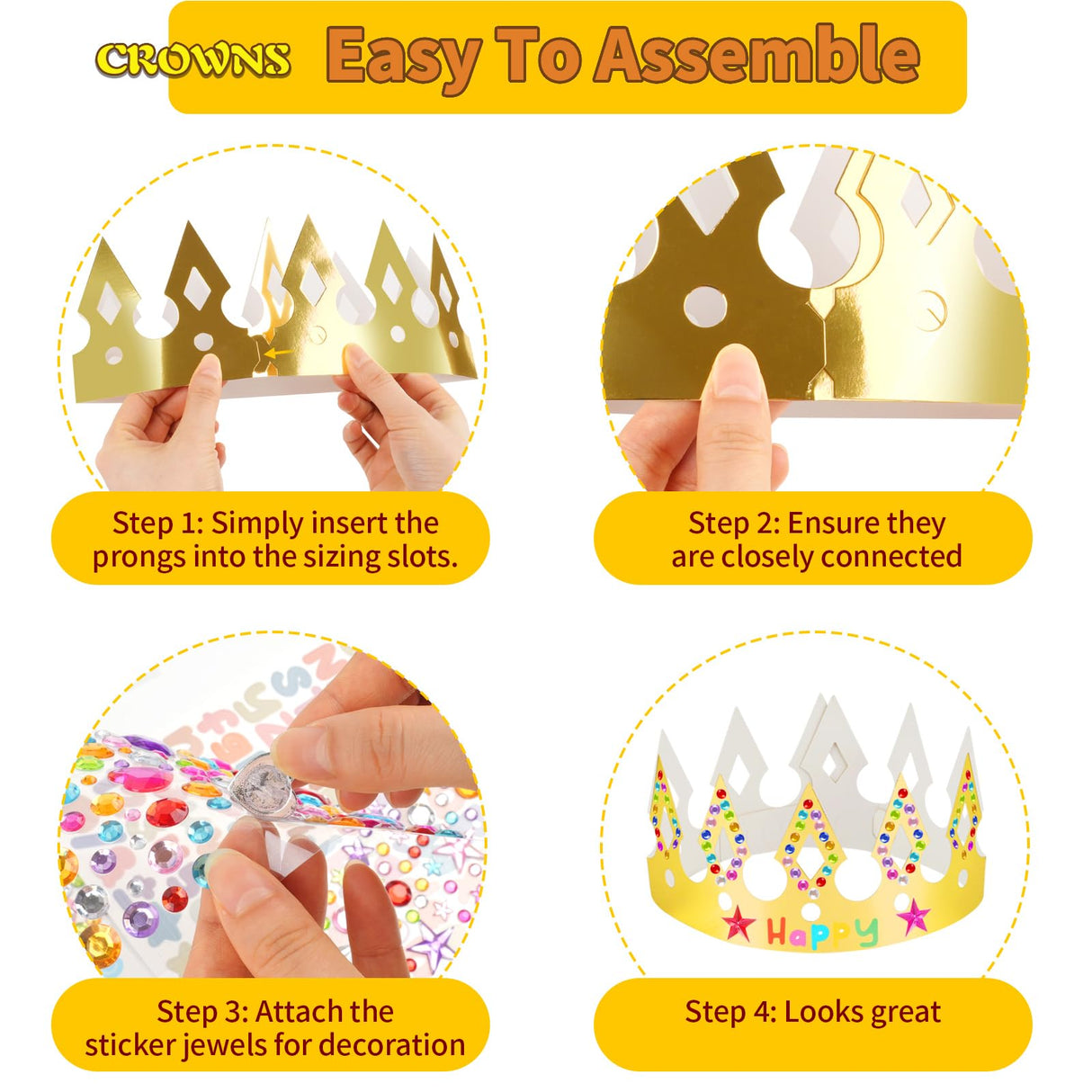 Gold Paper Crowns, 15 Pcs DIY Birthday Party Crowns, King & Princess Crown Hats with Gem Stickers, Letters and Number Stickers for School, Party & Craft Decoration NIUBIER