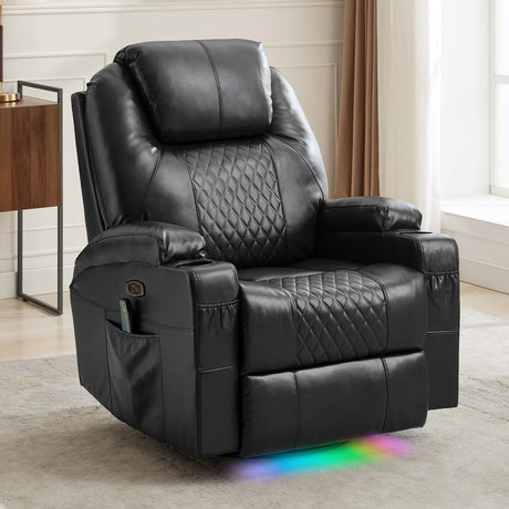 DUNELLA Power Swivel Rocker Recliner Chair for Adults with Heat and Massage, LED Lights, USB and Type-C Ports, Electric Glider Recliner Nursery Chair for Living Room(Black, Single Sofa) DUNELLA