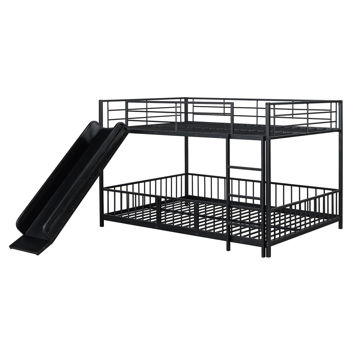 Bellemave Full Over Full Bunk Bed with Slide and Ladder, Metal Bunk Bed for Kids, Girls, Boys, Removable Fence, Low Bunk Bed with Slide, with Door, Black Bellemave