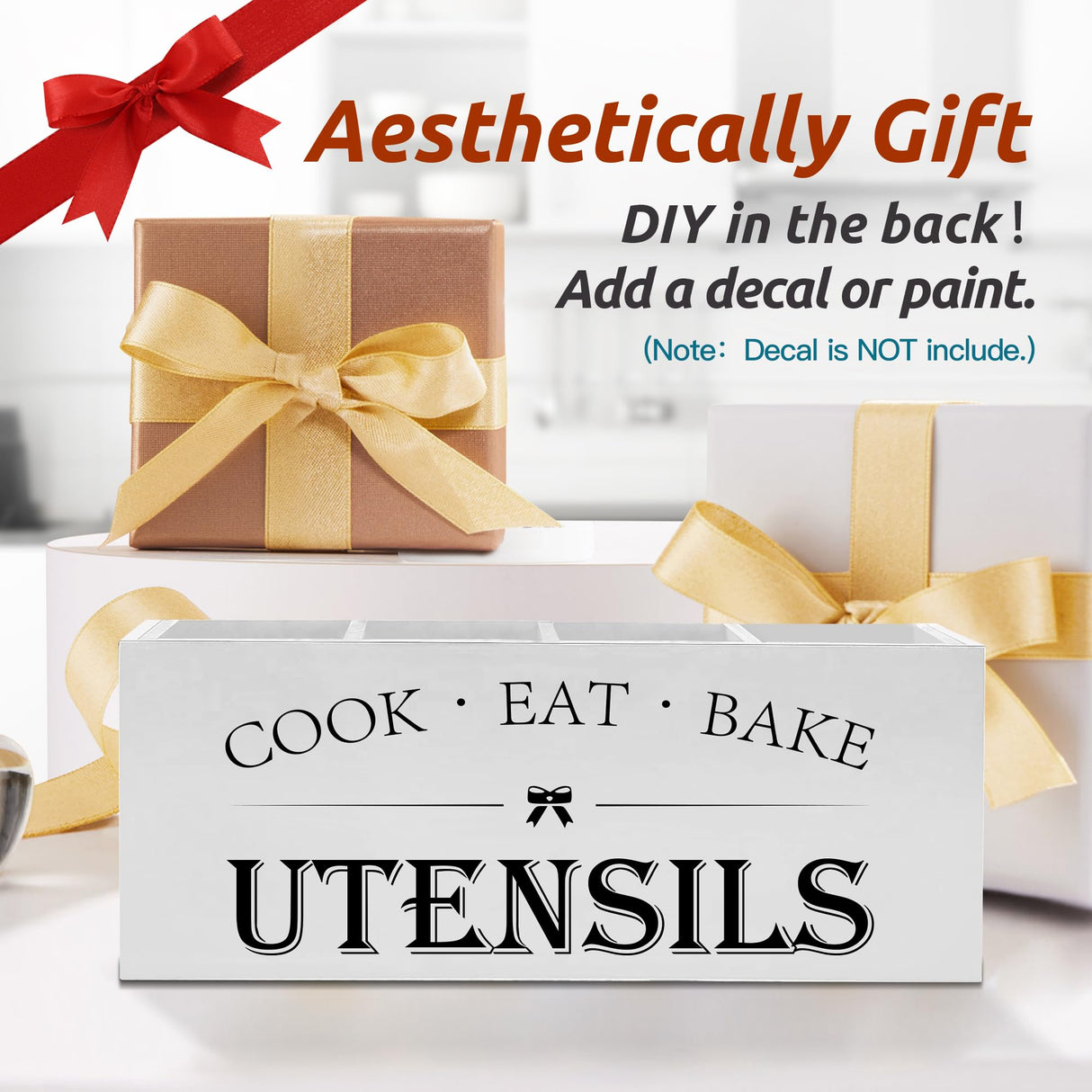 Suli Extra Large Kitchen Utensils Holder with 4 Compartments, Wooden Utensil Organizer for Kitchen Countertop, Farmhouse Kitchen Decor, Rustic Cooking Utensil - White Suli