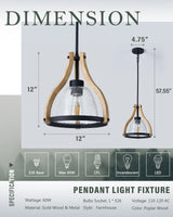 HANASS Pendant Light Fixtures, Farmhouse Wood and Glass Pendant Lighting for Kitchen Island, Rustic Length Adjustable MD89437 HANASS