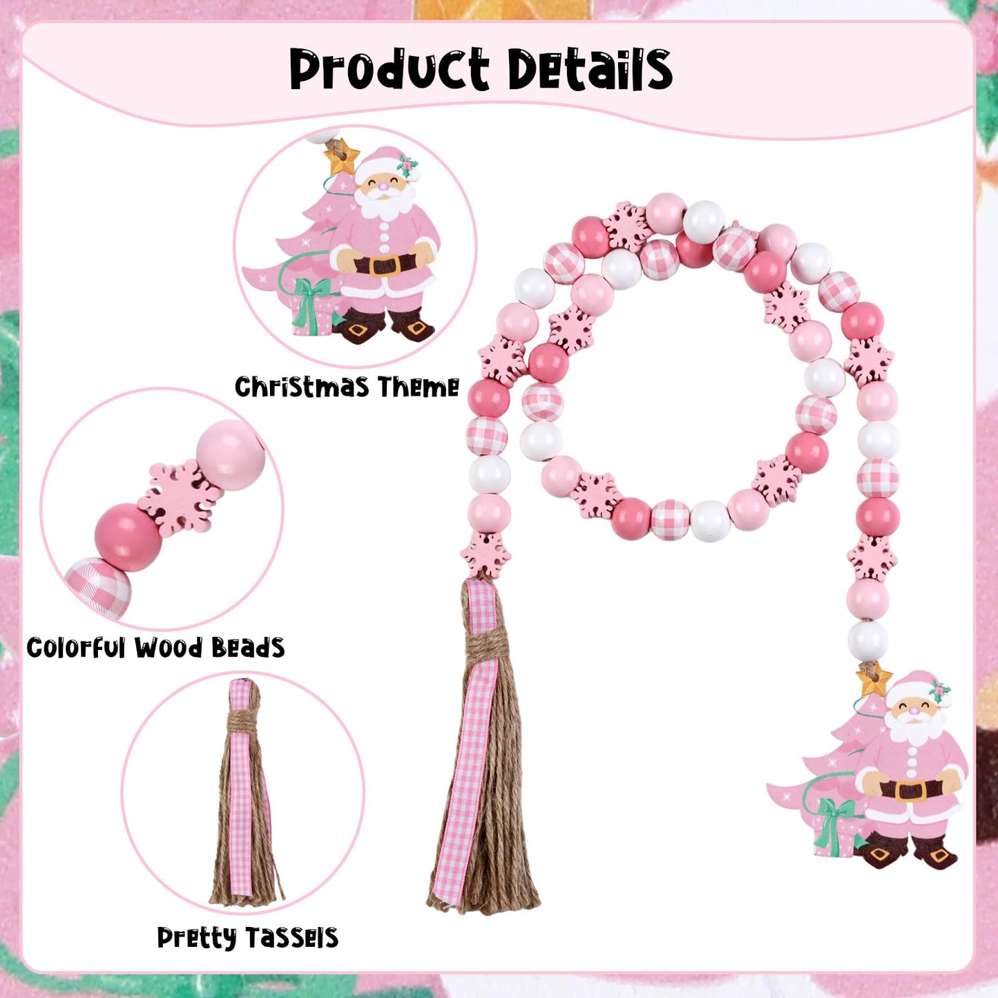 JOYMEMO Pink Christmas Wood Bead Garland with Tassels, Wooden Snowflake Checkered Beads Strands for Xmas Winter Holiday New Year Party, Boho Tree Home Hanging Ornaments Decor Supplies Outdoor Indoor