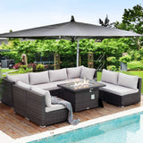 NICESOUL 29.3'' High Back Outdoor Patio Furniture Set with Firepit Natural Gas & Propane, 9 Piece Extra Large Conversation Set with Fire Pit Table, Modern Deep Wide Modular Wicker Sofa Couches, Gray NICESOUL