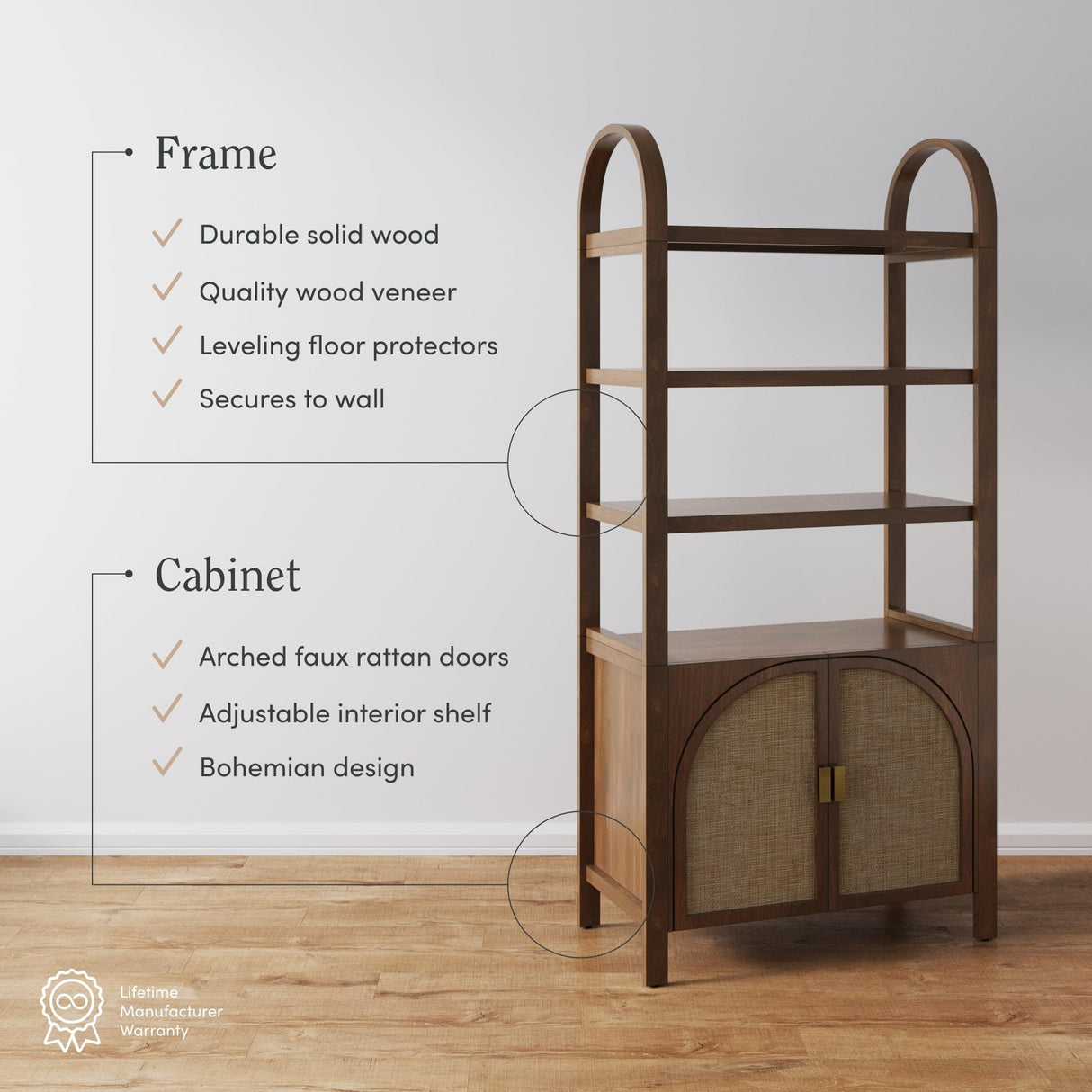 Nathan James Paxton Boho Arched Bookshelf Cabinet with Solid Wood Frame and Rattan Base, Dark Acacia, Set of 2 Nathan James