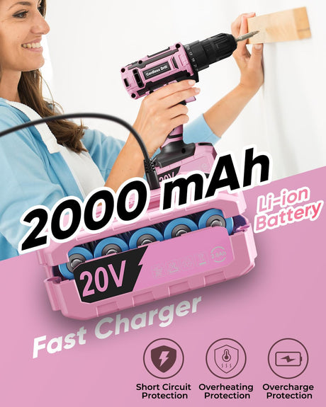 Pink Cordless Drill Set, 20V Electric Power Drill for Women, Lightweight Electric Screwdriver Driver with Battery & Charger, 3/8" Keyless Chuck, Womens Tool Kit for House VIWKO