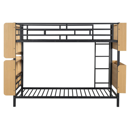 YOPTO Twin Over Twin Size Metal Bunk Bed with Ladder and Full-Length Guardrail,Modern Bunkbeds W/Storage Headboard and Foot Shelving,No Box Spring Needed,2 Assembly Options,for Teens,Bedroom,Black