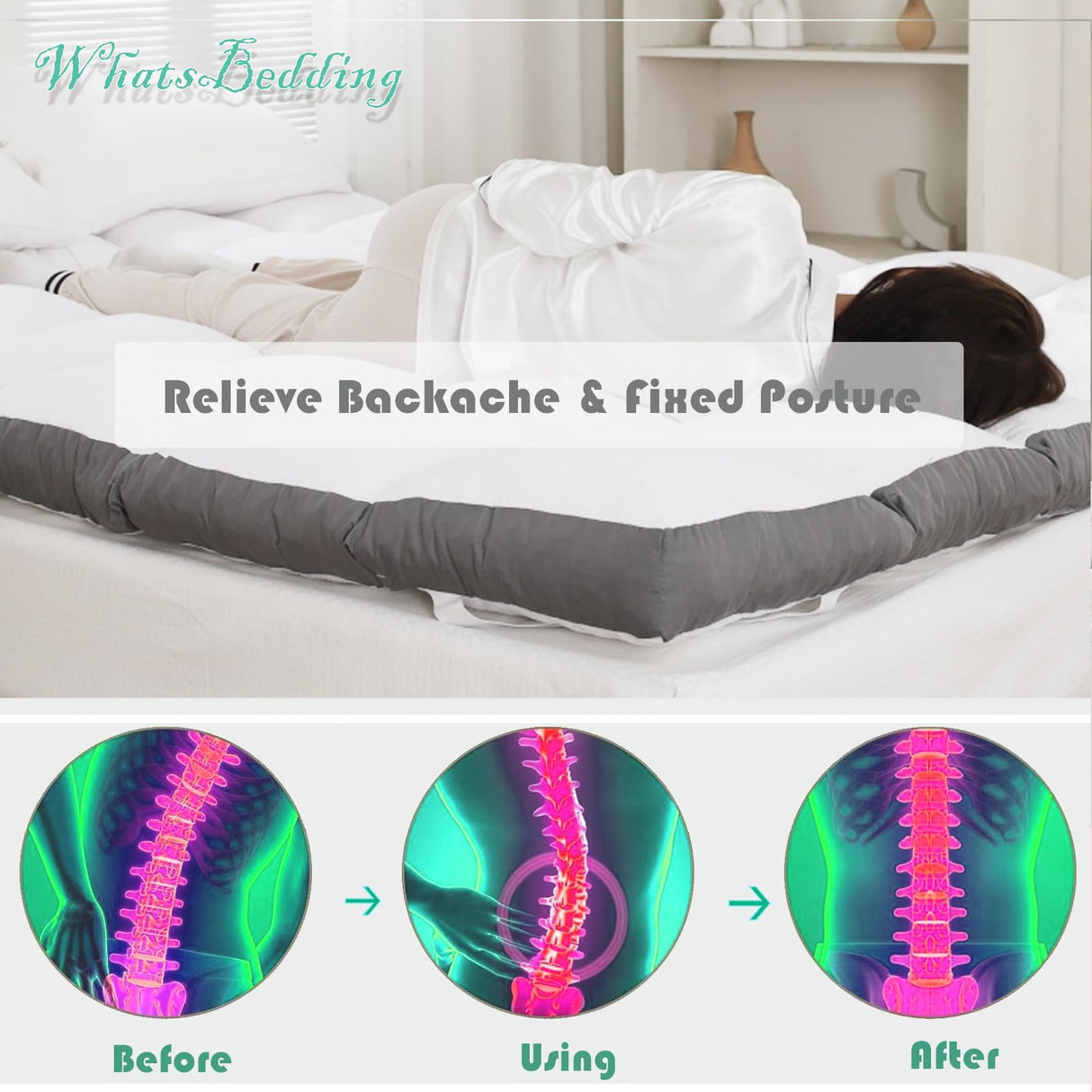 WhatsBedding Memory Foam Mattress Topper Twin Size Memory Foam Filled Warming Cooling Fluffy & Soft Pillow Top, Anti-Slip Bottom, 4 Elastic Straps, 75x39 Inch, Twin WhatsBedding