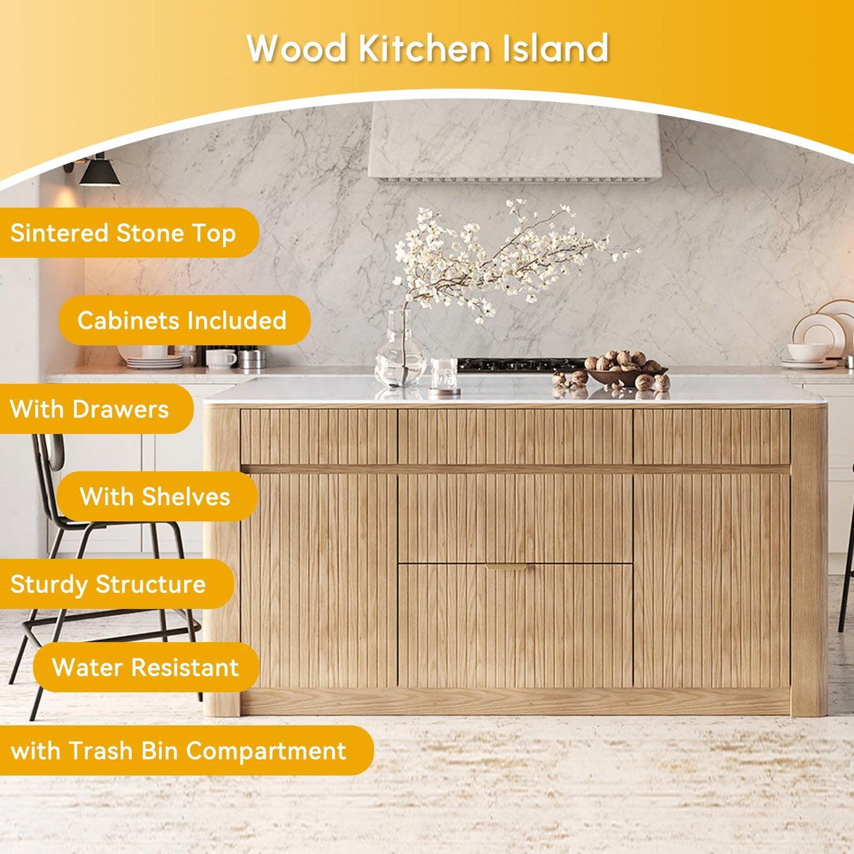 homary Kitchen Island Modern Wood Kitchen Island with Sintered Stone Top and Storage,Whitewash, Spacious Design for 2-3 Stools (Whitewash, 72'') homary