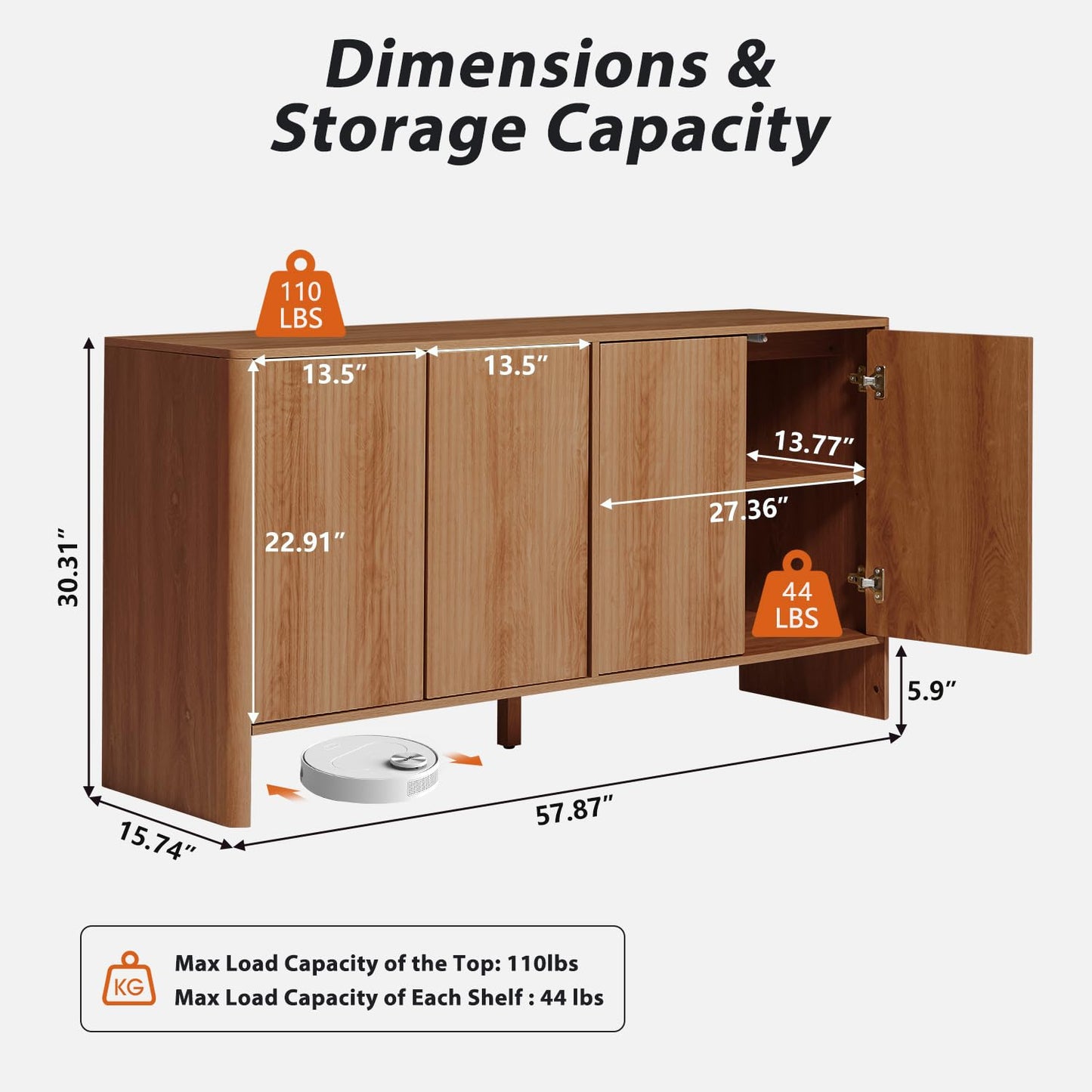 Sideboard Storage Cabinet with Doors and Shelves, Buffet Cabinet with Storage, Credenza Storage Cabinet for Kitchen, Wooden Fluted Cabinet for Bedroom/Entryway, under TV Cabinet with Storage - Walnut