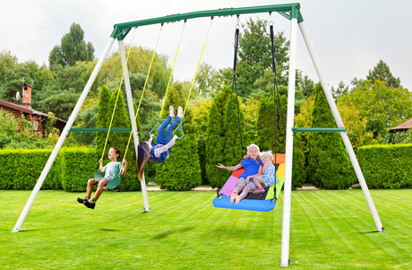 Hapfan 9.5' Tall Swing Sets for Backyard with Platform Swing, Heavy Duty Metal Swingset Outdoor for Kids with Trapeze Swing Bar, Belt Swing and Rectangle Swing Hapfan