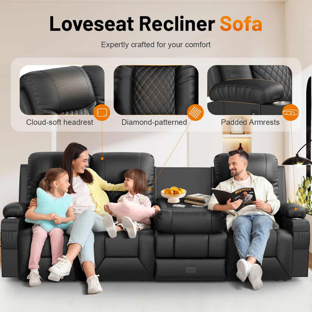 FURNIMAT Recliner Sofa, 4 Seater Dual Reclining Sofa with Flip Back Console, Modern PU Leather Recliner Couch for Living Room/RV, with Storage Drawer, USB Ports, Cup Holder, Cell Phone Holder, Black FURNIMAT