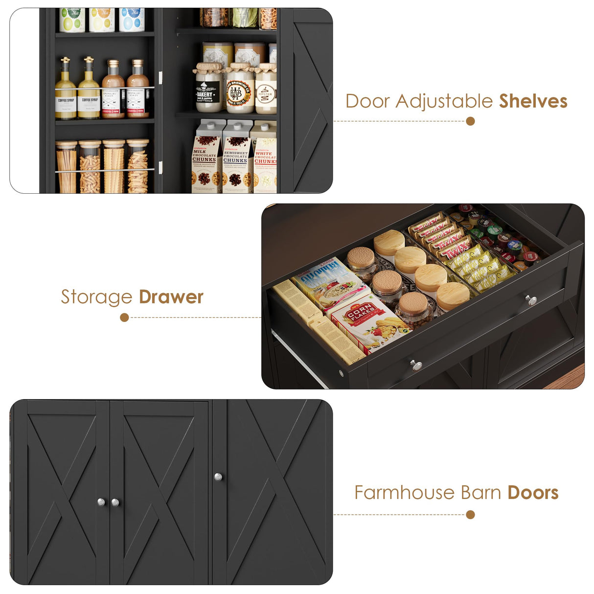 HIFIT 72.8” Tall Kitchen Pantry Cabinet with LED & Charging Station, 55” Wide Farmhouse Pantry Storage Cabinet with Microwave Stand&Shelves&Barn Doors, Black Kitchen Hutch Coffee Bar for Living Room HIFIT