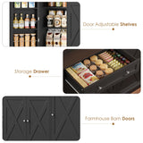 HIFIT 72.8” Tall Kitchen Pantry Cabinet with LED & Charging Station, 55” Wide Farmhouse Pantry Storage Cabinet with Microwave Stand&Shelves&Barn Doors, Black Kitchen Hutch Coffee Bar for Living Room HIFIT