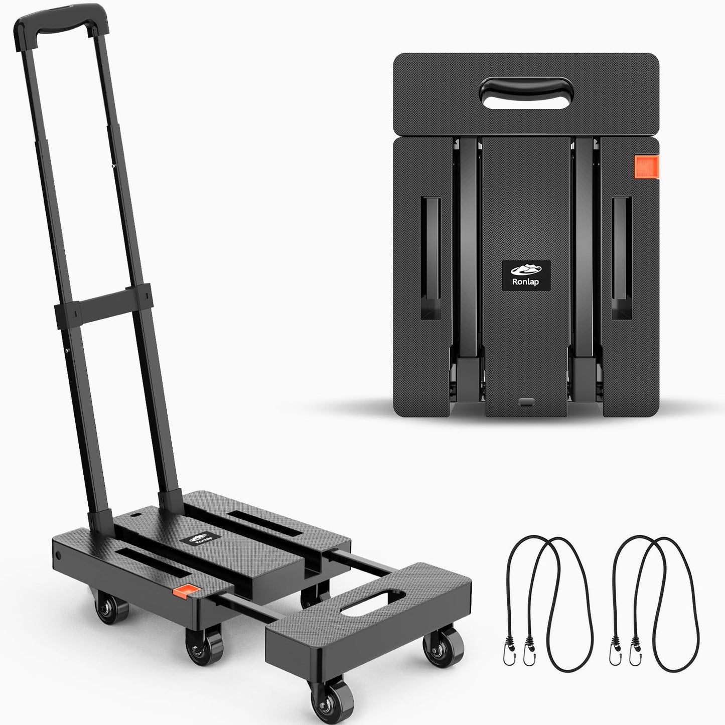 Ronlap Folding Hand Truck, Foldable Dolly Cart for Moving 500lbs Heavy Duty Luggage Cart Portable Platform Cart Collapsible Dolly with 6 Wheels & 2 Ropes for Travel House Office Moving, Black - WoodArtSupply