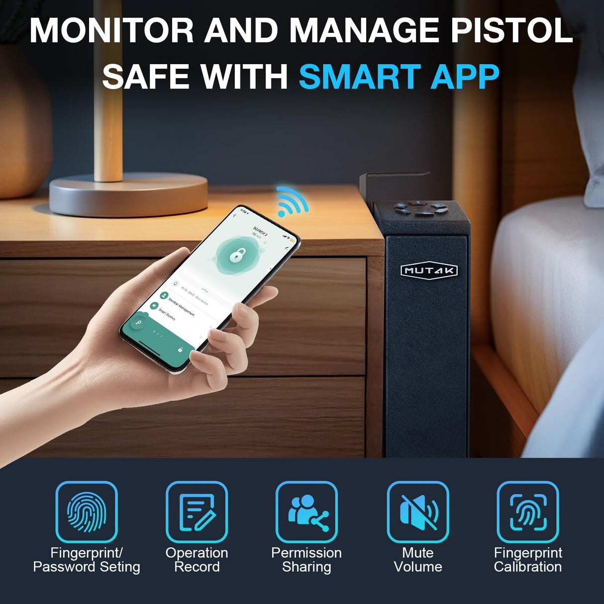 Mutak Gun Safe for Handgun, Slider Biometric Pistol Safe, 4 Ways Quick Access with APP/Fingerprint/PIN Code/KEY, Single Gun Safe for Nightstand Bedside Home,Wall, Dresser Mutak