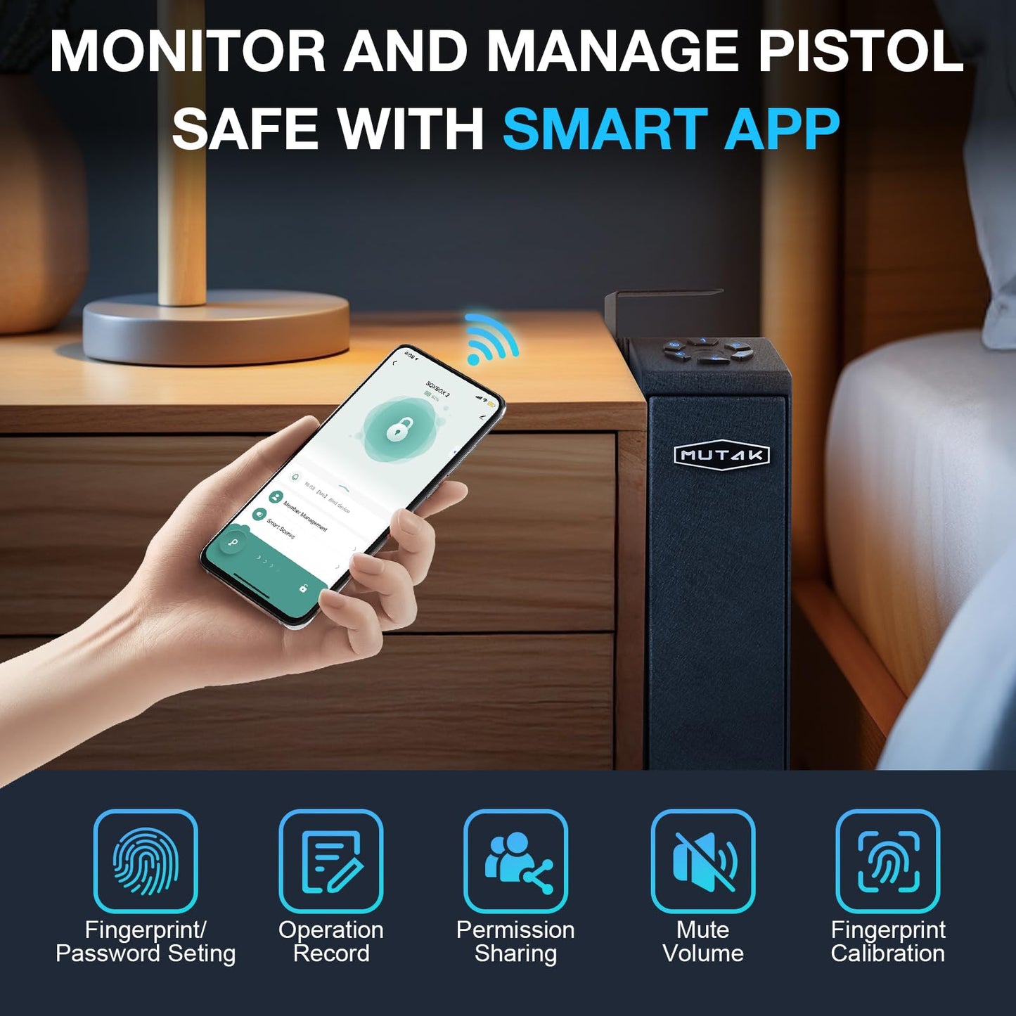 Mutak Gun Safe for Handgun, Slider Biometric Pistol Safe, 4 Ways Quick Access with APP/Fingerprint/PIN Code/KEY, Single Gun Safe for Nightstand Bedside Home,Wall, Dresser