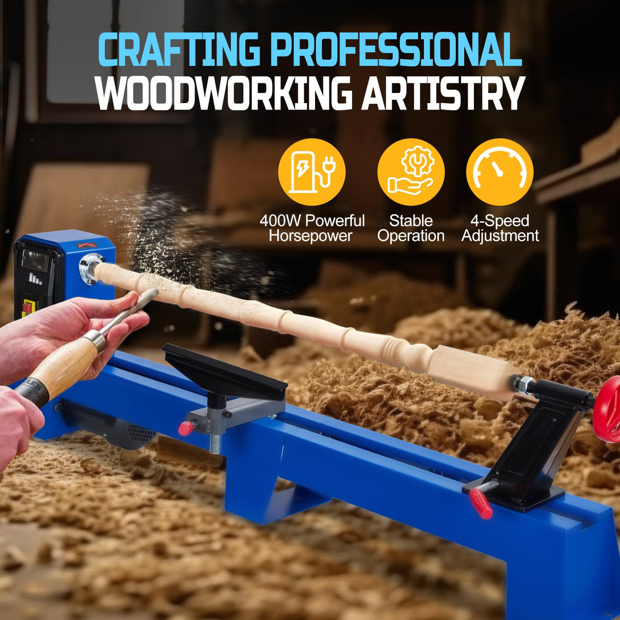 GarveeTech Wood Lathe, 14" x 20", Power Wood Turning Lathe 400W, 4 Speed 1040/1480/2130/2980RPM, Benchtop Wood Lathe for High Speed Sanding and Polishing of Finished Work GarveeTech